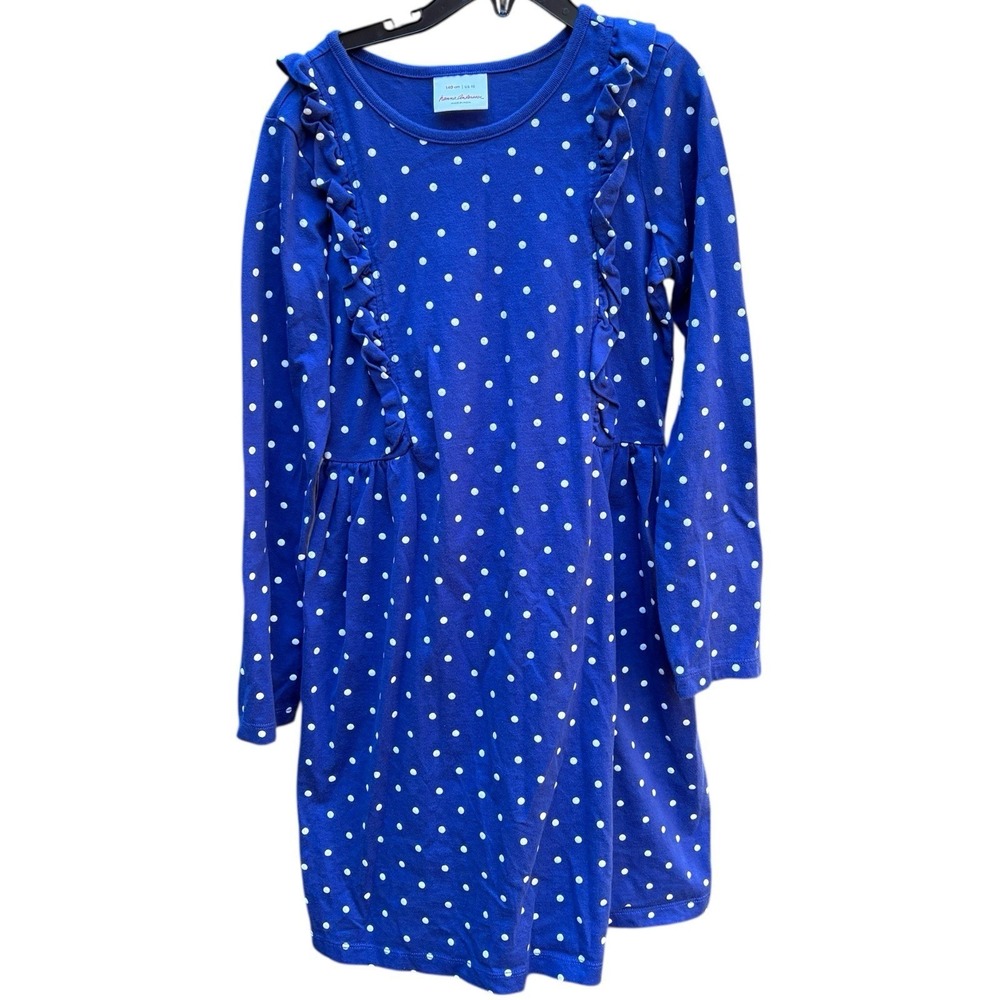 Hanna Andersson Girls 10 Dress Blue Polka Dot Ruffle Long Sleeve Cotton Preppy